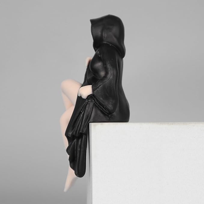 Faceless Hooded Lady Cross-Leg Sitting Figurine – 10.5cm Black Mystery Girl Statue