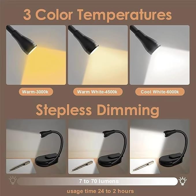 Mini Clip-On LED Reading Lamp – USB Rechargeable Folding Study Light with Special Folding Feature for Students, Clip-On Reading Light, USB Rechargeable, 3 Modes, Eye-Caring Night Light (Black)