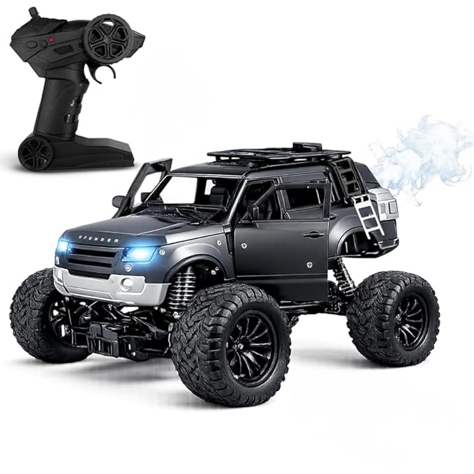 1:18 RC Defender Car – Rechargeable Remote Control SUV with Mist Spray, LED Lights & Metal Body