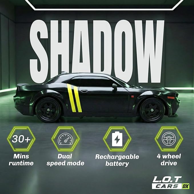 Shadow RC Drift Car 4WD – 20KM/H 2.4GHz Remote Control Racing Car with LED Lights (Tarmac Black)