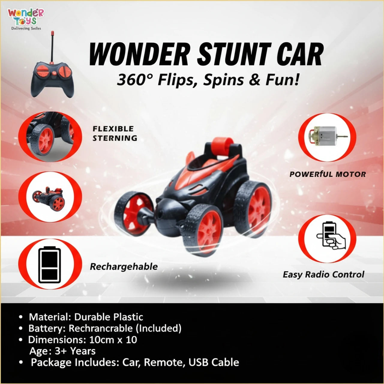 Wonder Stunt Flip & Rotating RC Car – 360° Rolling and Flexible Turning Toy for Kids (Red)