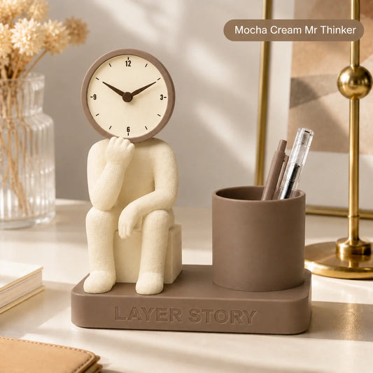 Mr. Thinker Desk Clock & Pen Stand – Modern Desktop Organizer with Analog Clock for Office & Study Table