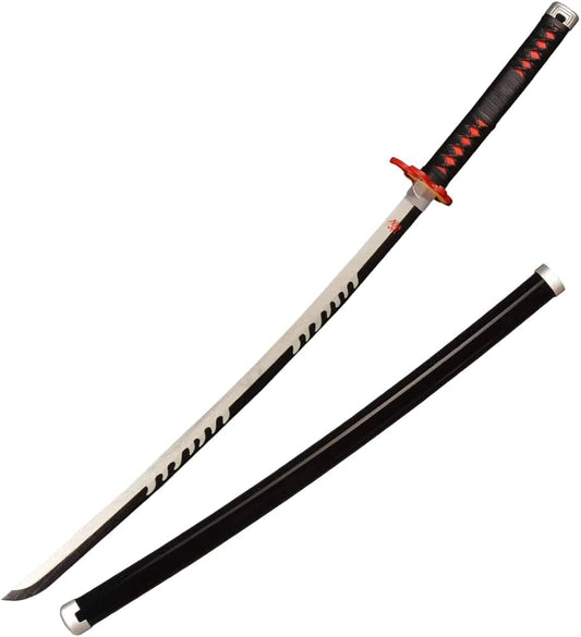 Demon Slayer Tanjiro Flame Black Wooden Katana 42cm with Stand – Anime Display Sword