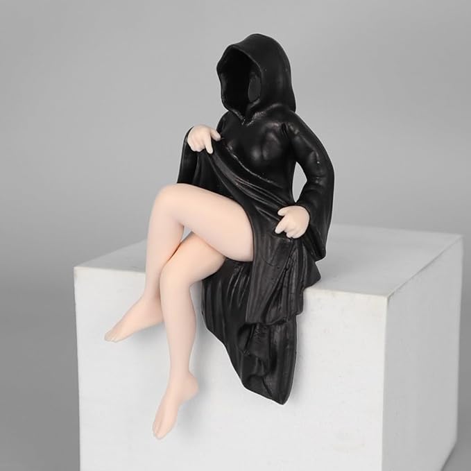 Faceless Hooded Lady Cross-Leg Sitting Figurine – 10.5cm Black Mystery Girl Statue