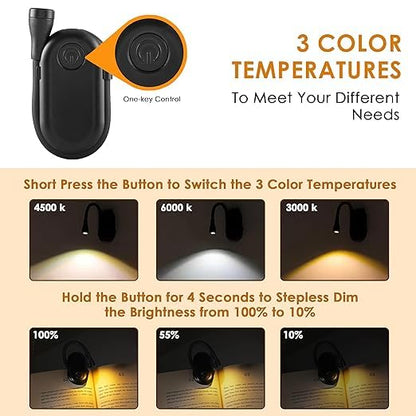 Mini Clip-On LED Reading Lamp – USB Rechargeable Folding Study Light with Special Folding Feature for Students, Clip-On Reading Light, USB Rechargeable, 3 Modes, Eye-Caring Night Light (Black)