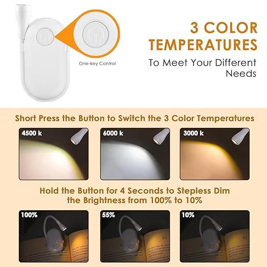 Mini Clip-On LED Reading Lamp – USB Rechargeable Foldable Study Light Eye-Caring Night Light with 3 Light Modes, Special Folding Design, Perfect for Students (White)