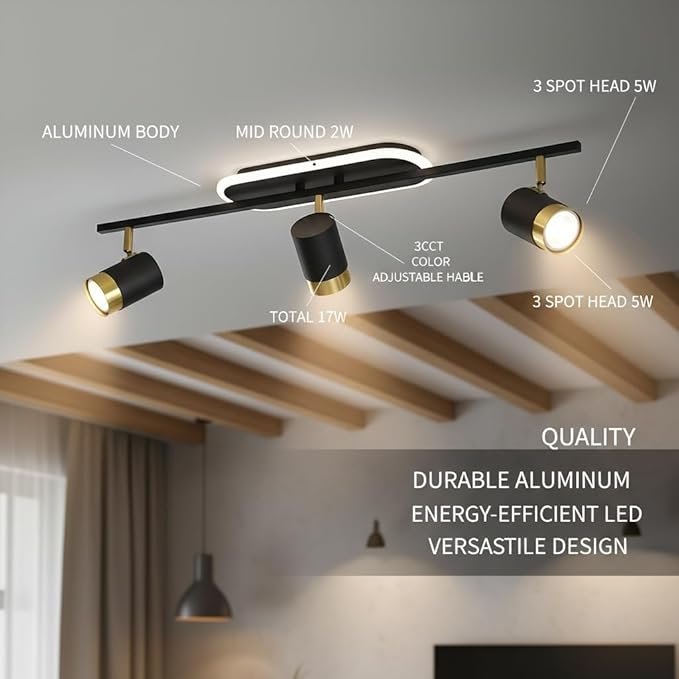 3-Light LED Ceiling Spotlight – Black & Gold Adjustable Ceiling Light with 3CCT (Warm, Natural & Cool White)