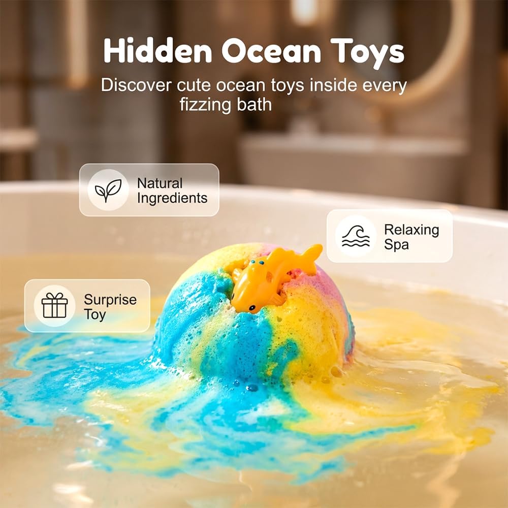 Kids Surprise Bath Bomb Set – Handmade Natural Bath Fizzers with Hidden Toy Inside, Safe for Sensitive Skin, Fun Bath Time Gift for Boys & Girls