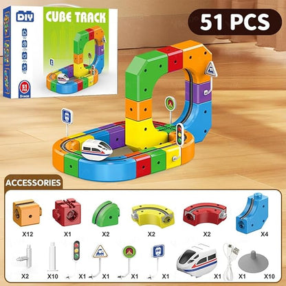 Shopster TurboFlex Magic Train Track Set – 51 PCS Anti-Gravity Racing Railway with Motorized Train & Flexible 3D Tracks | STEM Learning Toy for Kids Boys & Girls 3+