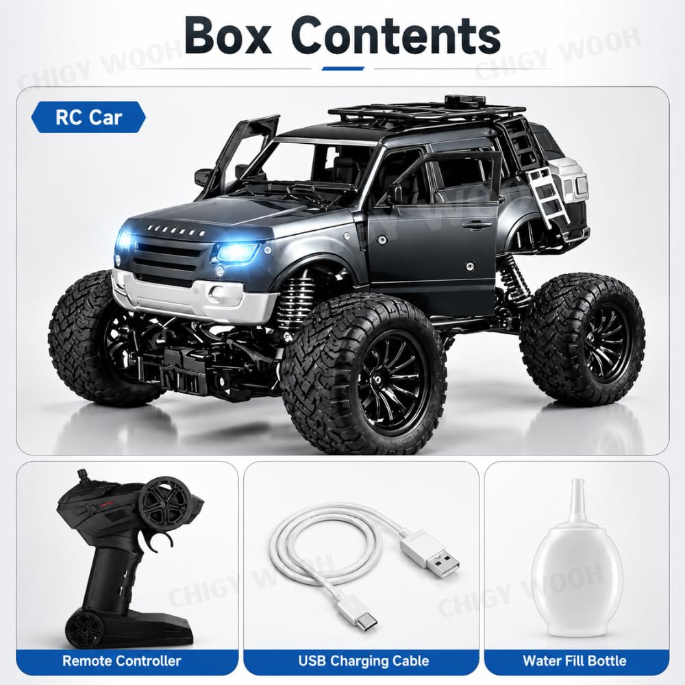 1:18 RC Defender Car – Rechargeable Remote Control SUV with Mist Spray, LED Lights & Metal Body