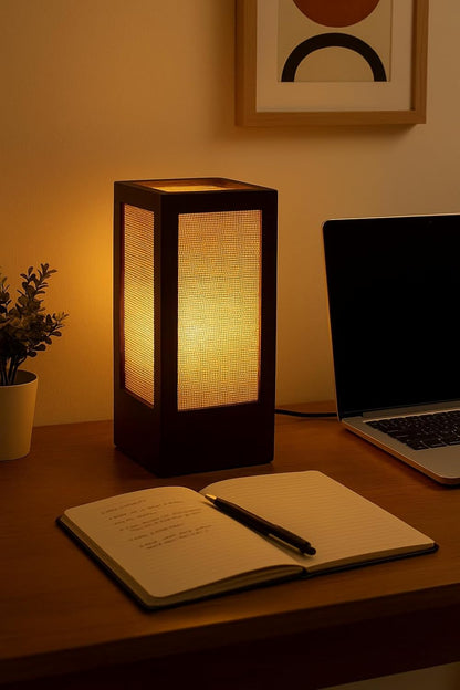 Modern Handcrafted Wooden Table Lamp with Natural Jute Shade – Black Bedside & Living Room Lamp (Made in India)