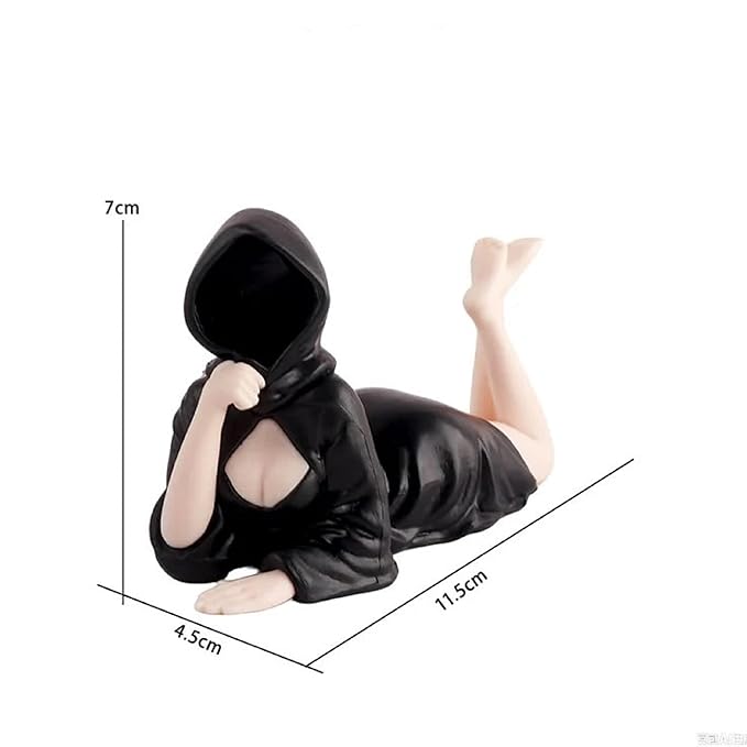 Faceless Hooded Lady Reclining Pose Figurine – 12cm Black Mystery Girl Statue for Home & Desk Décor