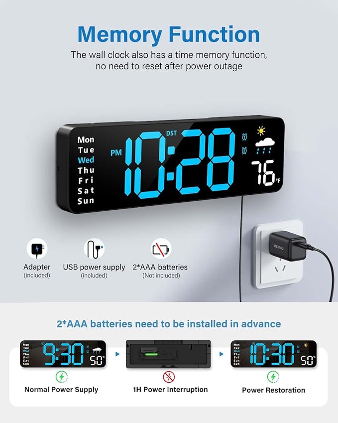 Large LED Digital Wall Clock with Remote – Alarm Clock with Date, Day, Temperature, Humidity & Countdown Timer