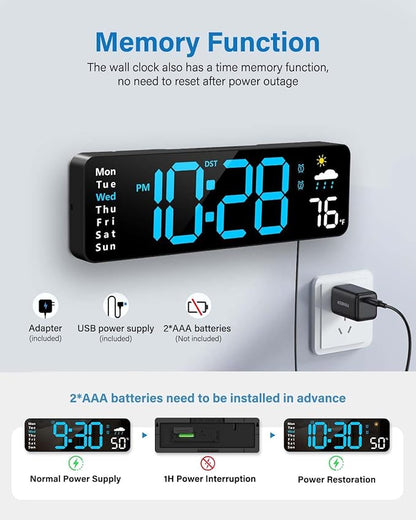 Large LED Digital Wall Clock with Remote – Alarm Clock with Date, Day, Temperature, Humidity & Countdown Timer