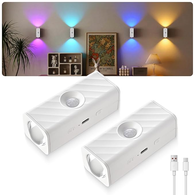 MERTTURM Motion Sensor LED Night Light (2-Pack) – Rechargeable Magnetic RGBW Wall Lamp with 10 Colors