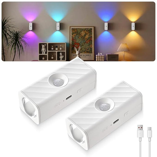 MERTTURM Motion Sensor LED Night Light (2-Pack) – Rechargeable Magnetic RGBW Wall Lamp with 10 Colors
