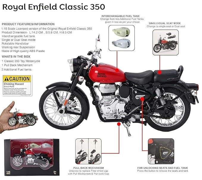 Royal Enfield Classic 350 Die-Cast Motorcycle – 1:15 Scale Bullet Bike Model with 2 Extra Fuel Tanks