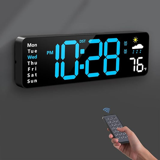 Large LED Digital Wall Clock with Remote – Alarm Clock with Date, Day, Temperature, Humidity & Countdown Timer