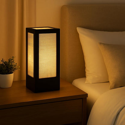 Modern Handcrafted Wooden Table Lamp with Natural Jute Shade – Black Bedside & Living Room Lamp (Made in India)
