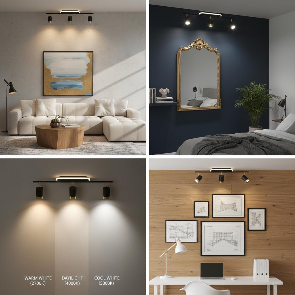 3-Light LED Ceiling Spotlight – Black & Gold Adjustable Ceiling Light with 3CCT (Warm, Natural & Cool White)