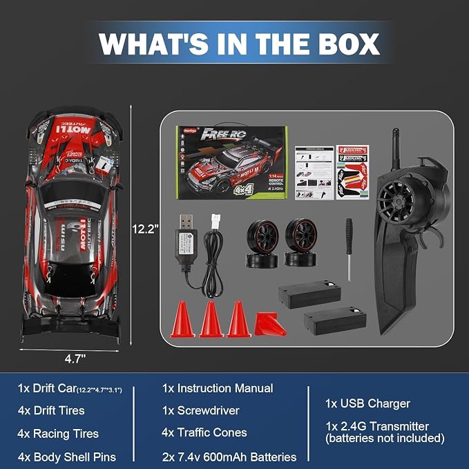 Free RC 1:14 Scale 4x4 Drift Car – High-Speed Remote Control Racing Car with Dual Batteries & LED Lights