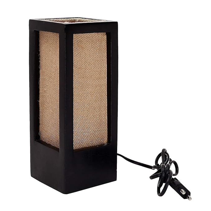 Modern Handcrafted Wooden Table Lamp with Natural Jute Shade – Black Bedside & Living Room Lamp (Made in India)