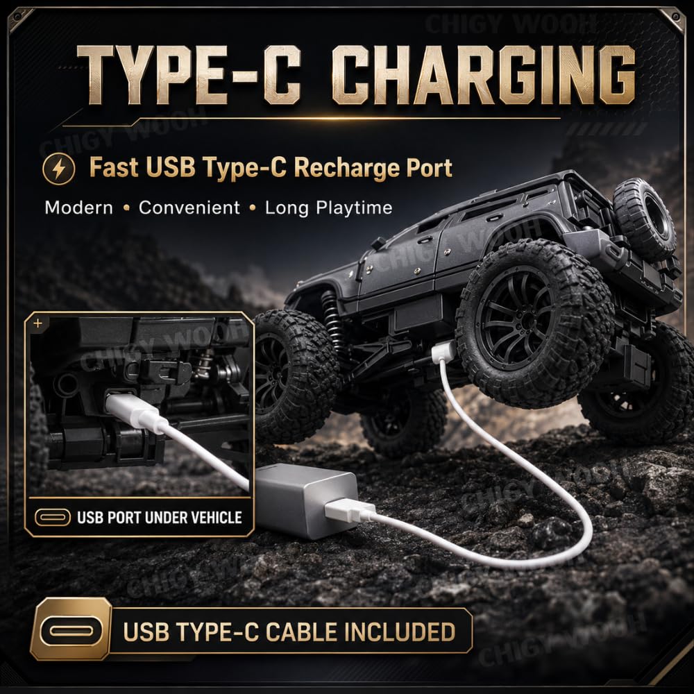 1:18 RC Defender Car – Rechargeable Remote Control SUV with Mist Spray, LED Lights & Metal Body