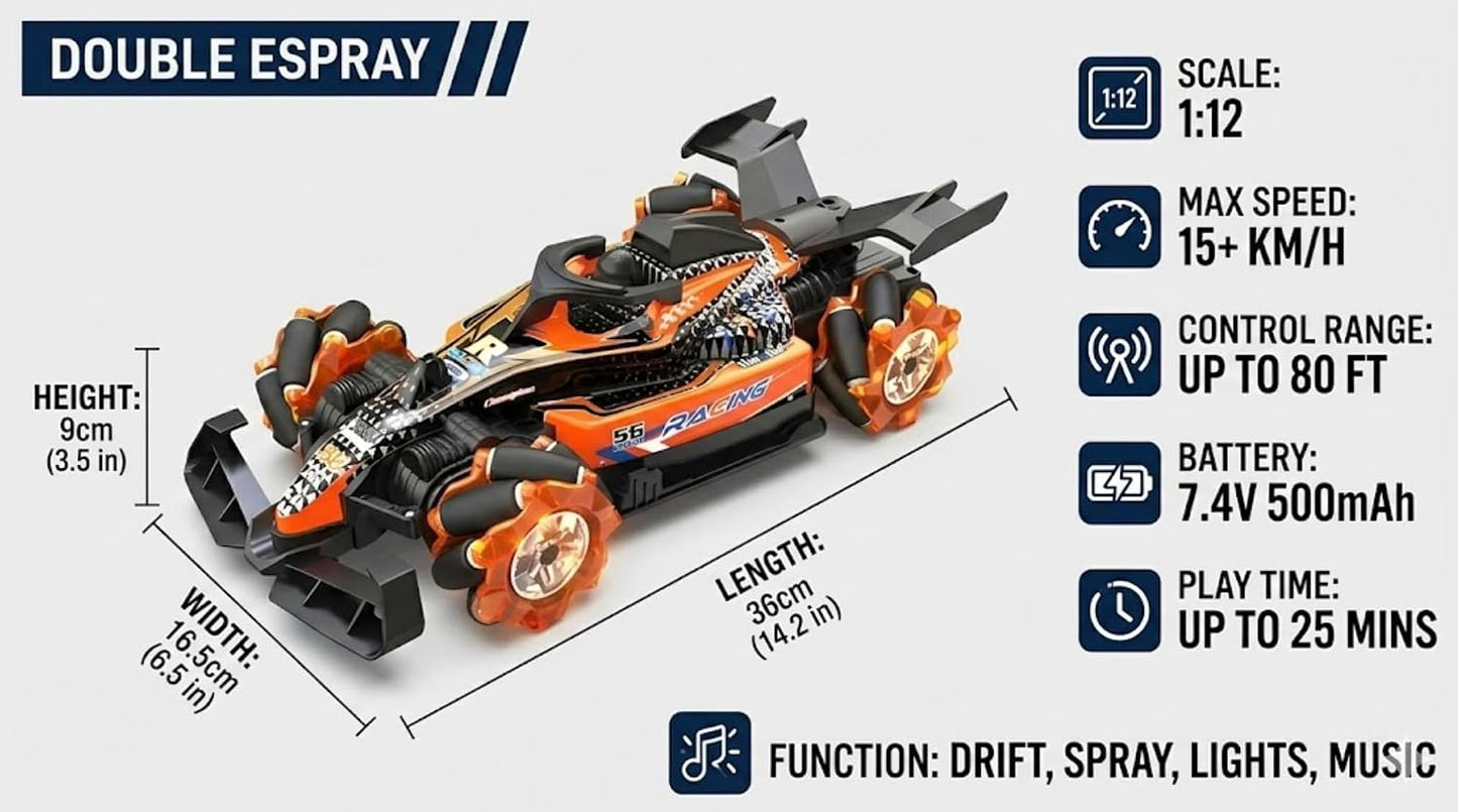 1:12 Double Formula RC Racing Car – Mecanum Wheel Drift Car with Spray Effects, Lights & Music