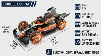 1:12 Double Formula RC Racing Car – Mecanum Wheel Drift Car with Spray Effects, Lights & Music