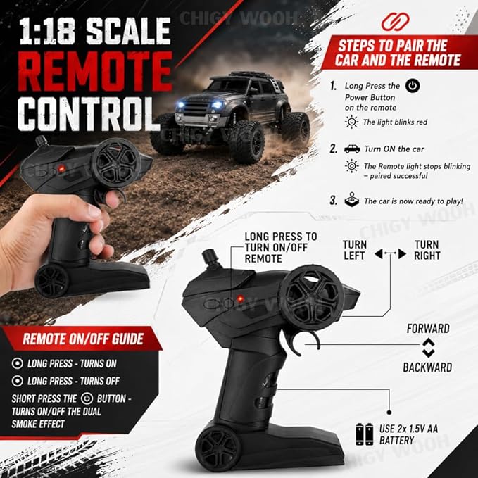 1:18 RC Defender Car – Rechargeable Remote Control SUV with Mist Spray, LED Lights & Metal Body