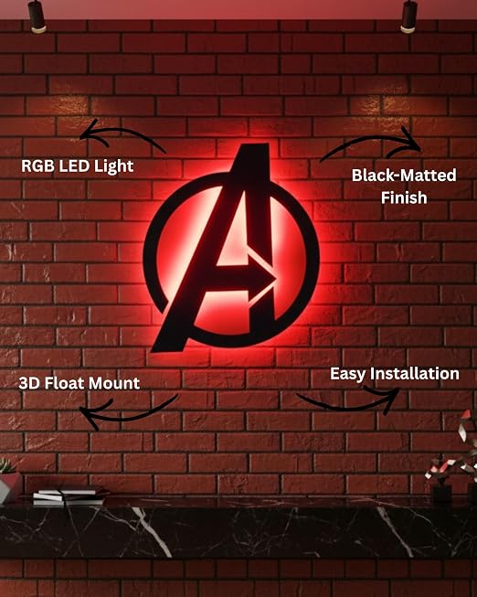 Decor NITI Superhero Backlit Logo Wall Art with RGB LED Lights & Remote – Black Matte Gaming Room Wall Decor