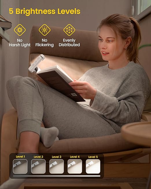 USB Rechargeable Book Light – Clip-On LED Reading Light for Bed with 3 Amber Colors & 5 Brightness Dimmable, Compact & Long Lasting, Perfect For Book Lovers