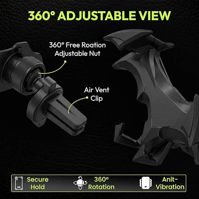 Questsole Universal Car Mobile Holder – 360° Rotating Air Vent Phone Mount with Strong Grip & Futuristic Bat-Wing Design (Jet Black)