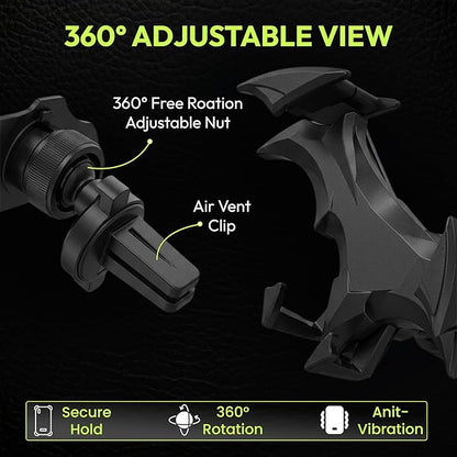 Questsole Universal Car Mobile Holder – 360° Rotating Air Vent Phone Mount with Strong Grip & Futuristic Bat-Wing Design (Jet Black)