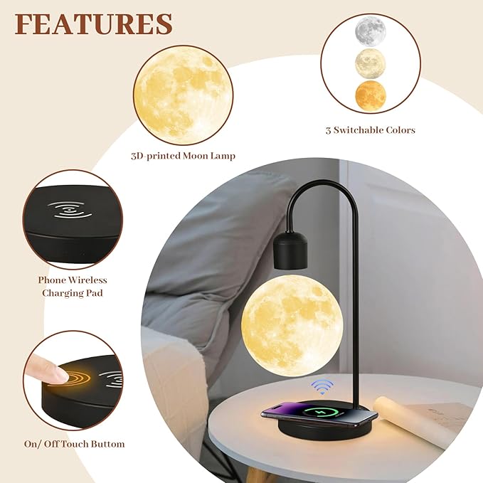 Floating Moon Lamp with Wireless Charger – Magnetic Levitating LED Night Light (3 Colors)