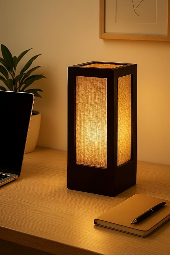 Modern Handcrafted Wooden Table Lamp with Natural Jute Shade – Black Bedside & Living Room Lamp (Made in India)