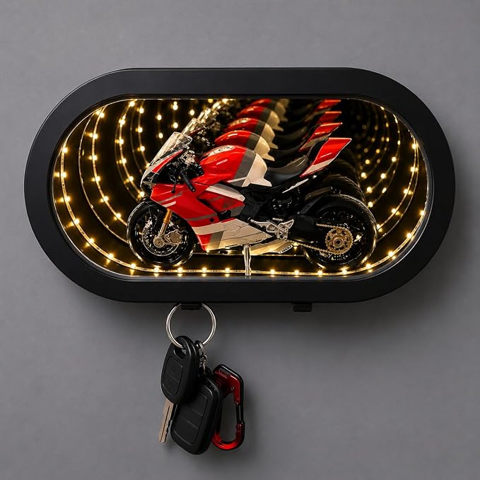 Infinity LED Garage Key Holder – Wall Mounted Mirror Key Organizer with Multi Hooks