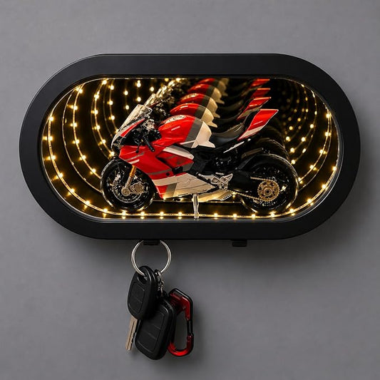 Infinity LED Garage Key Holder – Wall Mounted Mirror Key Organizer with Multi Hooks