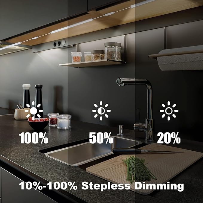 Kikvi 4-Pack Under Cabinet LED Lights – 3 Color Modes, 10-Level Brightness, 7W USB Plug Batten Lights