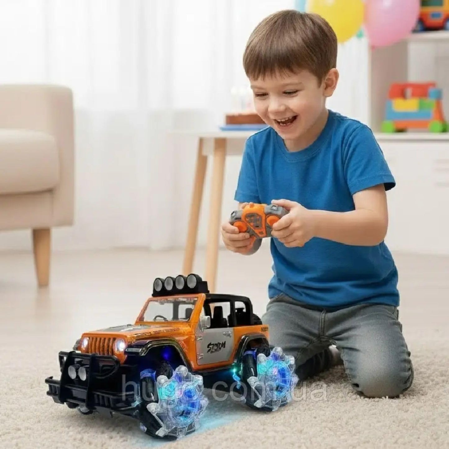 1:14 RC Off-Road Monster Jeep – 2.4GHz Stunt Car with Multicolor UV Body, LED Wheels & Openable Doors