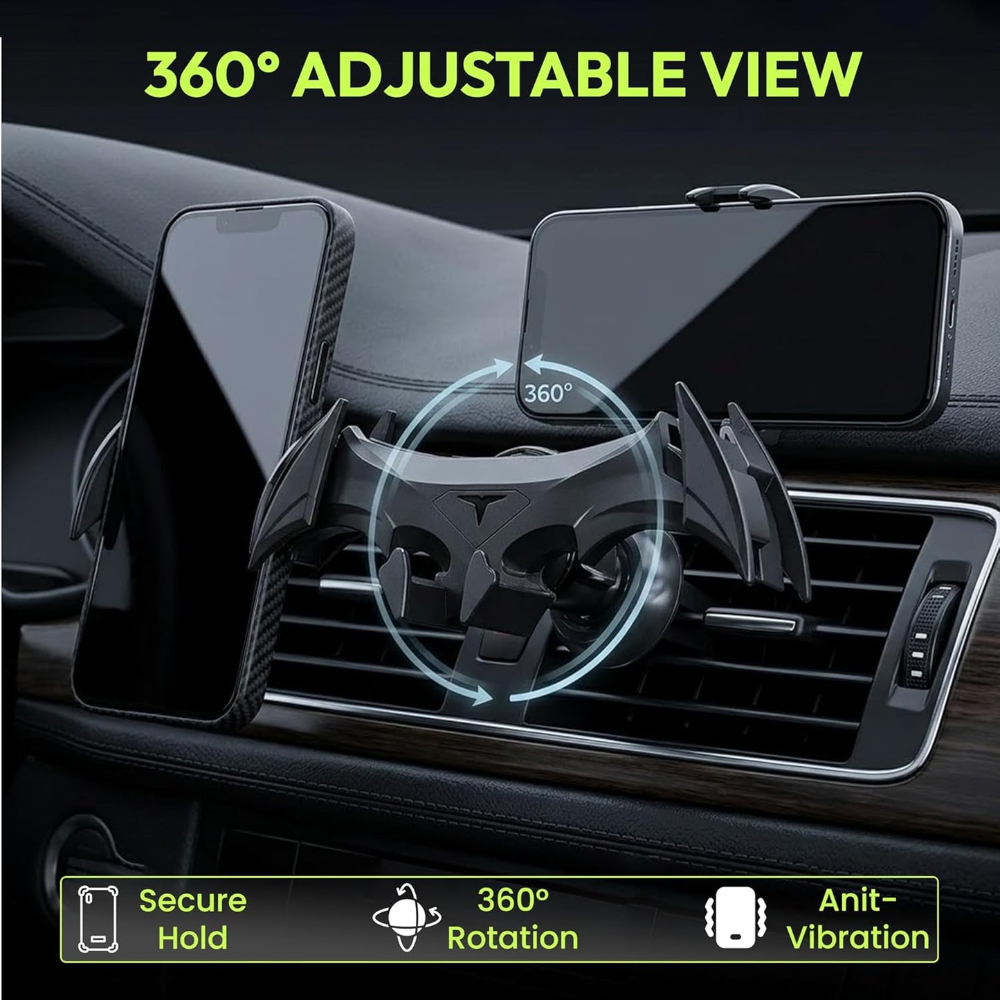 Questsole Universal Car Mobile Holder – 360° Rotating Air Vent Phone Mount with Strong Grip & Futuristic Bat-Wing Design (Jet Black)