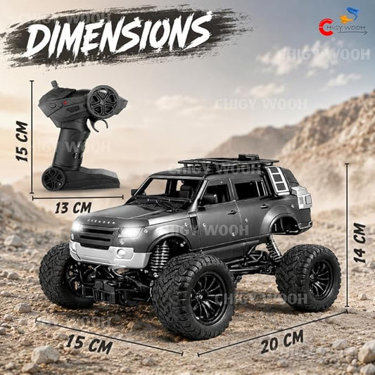 1:18 RC Defender Car – Rechargeable Remote Control SUV with Mist Spray, LED Lights & Metal Body