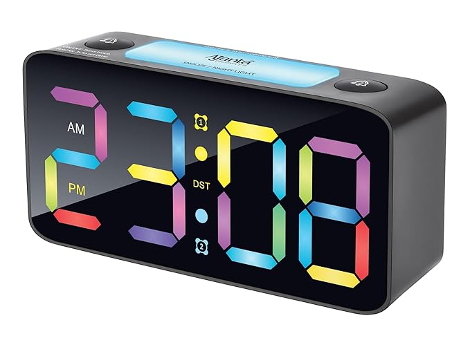 Ajanta 7-Inch RGB Digital Alarm Clock – LED Display with 15 Colors, Night Light, Dual USB Ports & Loud Alarm