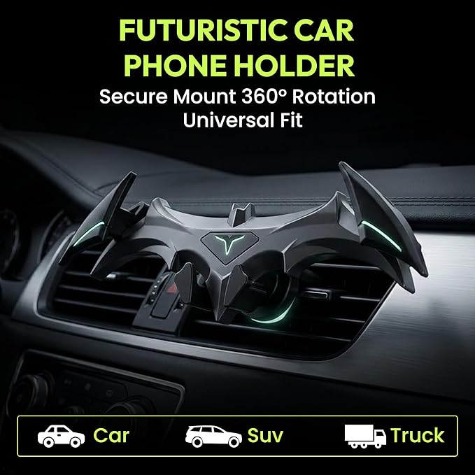 Questsole Universal Car Mobile Holder – 360° Rotating Air Vent Phone Mount with Strong Grip & Futuristic Bat-Wing Design (Jet Black)