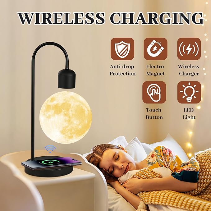 Floating Moon Lamp with Wireless Charger – Magnetic Levitating LED Night Light (3 Colors)