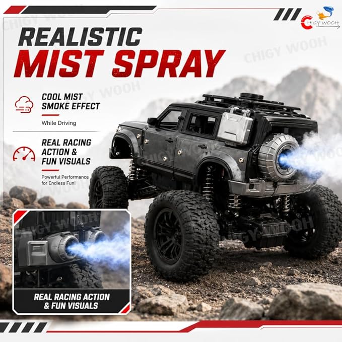 1:18 RC Defender Car – Rechargeable Remote Control SUV with Mist Spray, LED Lights & Metal Body