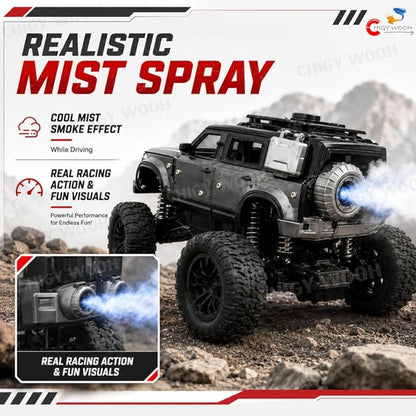 1:18 RC Defender Car – Rechargeable Remote Control SUV with Mist Spray, LED Lights & Metal Body