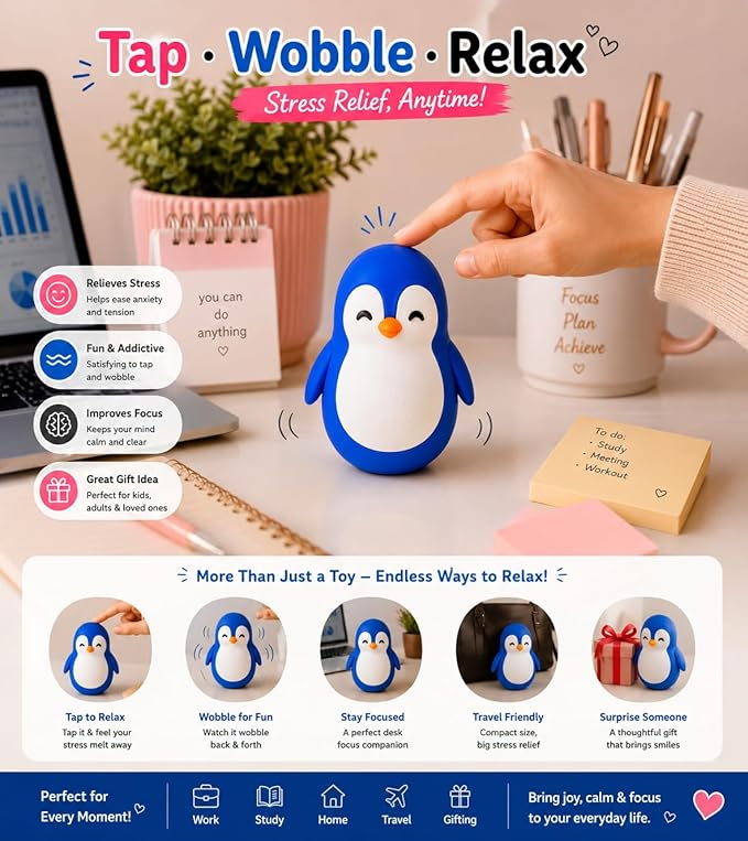 Penguin Roly-Poly Wobble Toy – Self-Righting Interactive Kids Figure (Blue & White)