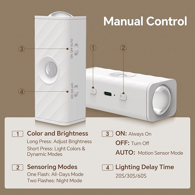 MERTTURM Motion Sensor LED Night Light (2-Pack) – Rechargeable Magnetic RGBW Wall Lamp with 10 Colors