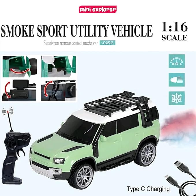 MiniExplorer SUV Defender RC Car – Rechargeable Remote Control SUV with Real Smoke & LED Lights